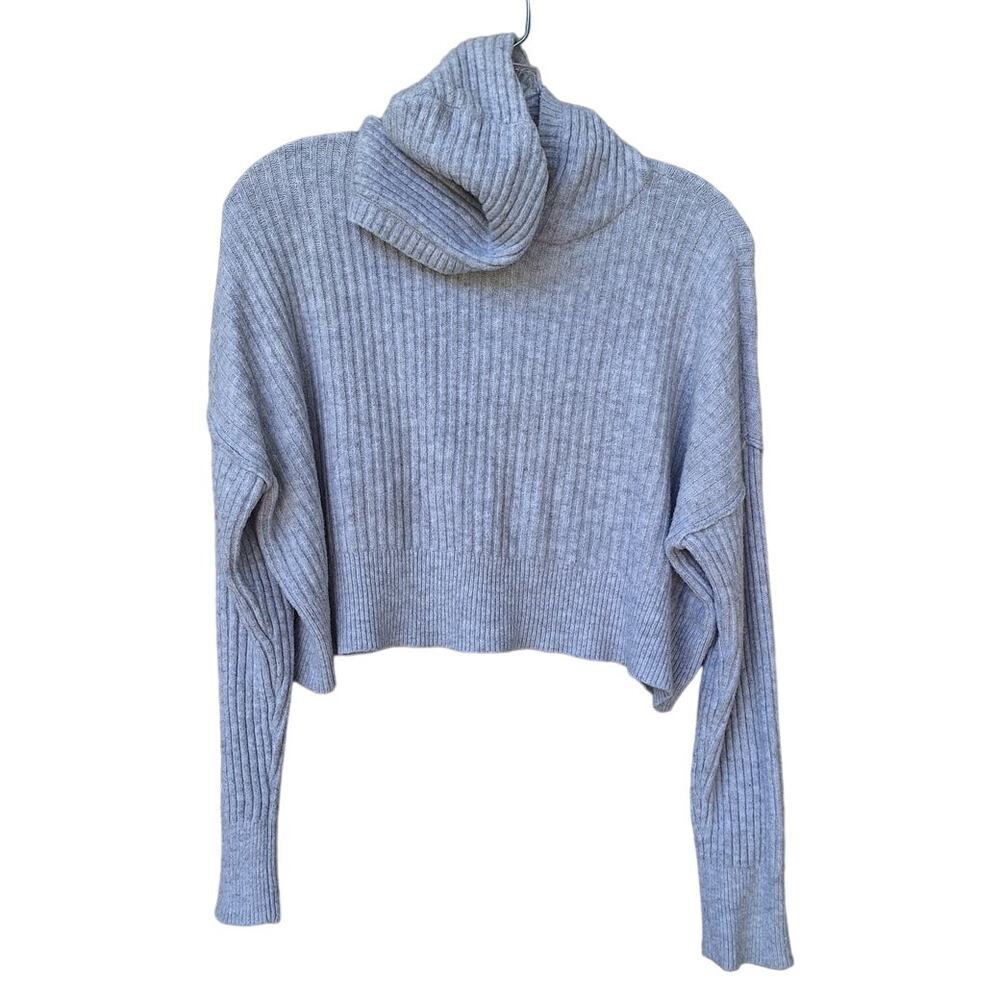 aerie Offline Ribbed Hooded Crop Sweater Nylon Cotton Alpaca Elastane Gray  M